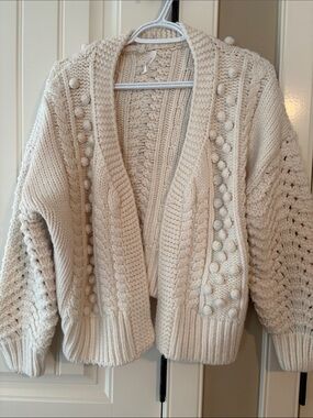 debut Cream Cable-Knit Pom-Pom Open Cardigan
